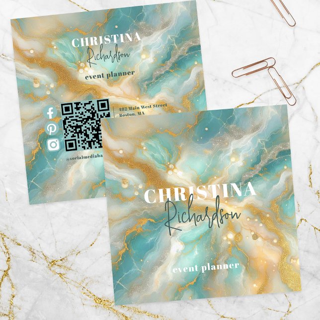 Tarjeta De Visita Cuadrada Elegante Glam Gold Purpurina Aquamarine Marble (Subido por el creador)
