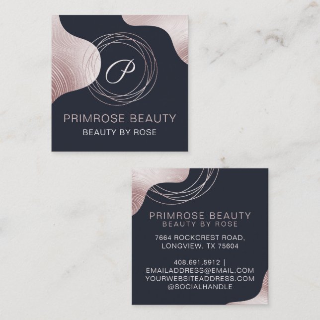 Tarjeta De Visita Cuadrada Elegante Glam Rosa Gold Resumen de lujo Monograma (Anverso / Reverso)