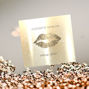 Tarjeta De Visita Cuadrada Elegante Glamuroso Brillante, Dorado Falso, Labios
