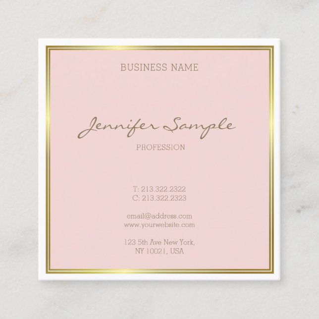 Tarjeta De Visita Cuadrada Elegante Gold Rubor Pink Handwriter Luxury (Anverso)