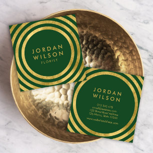 Tarjeta De Visita Cuadrada Elegante Green Faux Gold Round Lines Geométrico