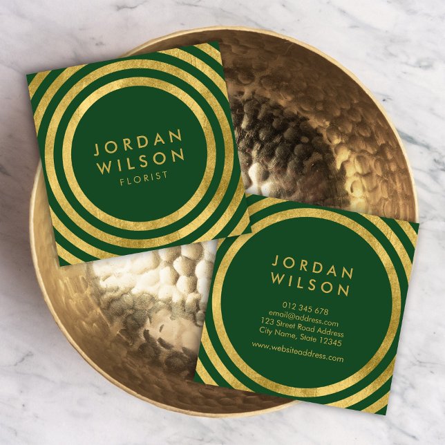 Tarjeta De Visita Cuadrada Elegante Green Faux Gold Round Lines Geométrico (Subido por el creador)