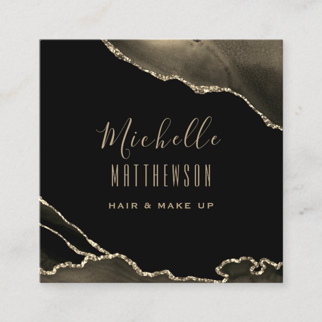 Tarjeta De Visita Cuadrada Elegante guión de mármol de ácaros negros de oro (Anverso)