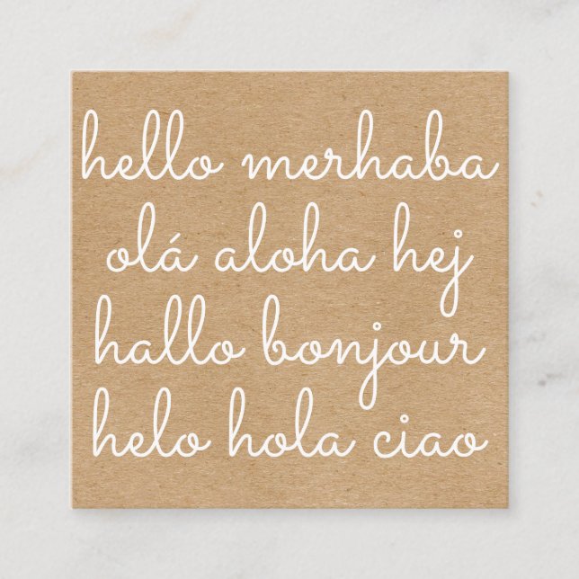 Tarjeta De Visita Cuadrada Elegante Internacional Hola Rustic Kraft (Anverso)