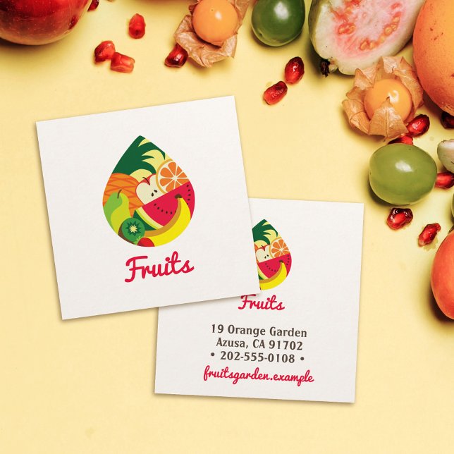 Tarjeta De Visita Cuadrada Elegante logo de Fruity ・ Forma de gota ・ Frutos c (Subido por el creador)