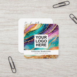 Tarjeta De Visita Cuadrada Elegante Logotipo de Código QR y Agata Arcoíris co