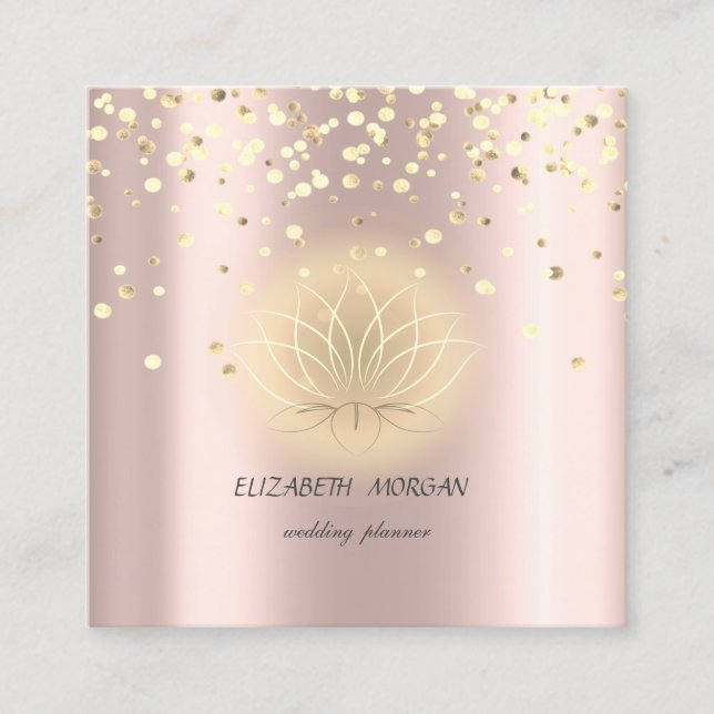 Tarjeta De Visita Cuadrada Elegante Loto Elegante, Rosa Confetti Oro (Anverso)
