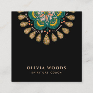 Tarjeta De Visita Cuadrada Elegante Mandala entrenador espiritual negro verde