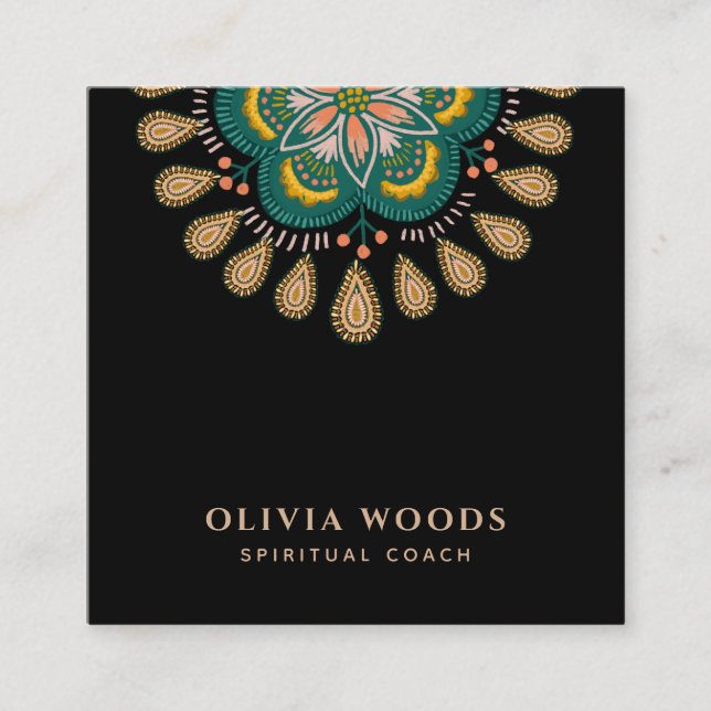 Tarjeta De Visita Cuadrada Elegante Mandala entrenador espiritual negro verde (Anverso)