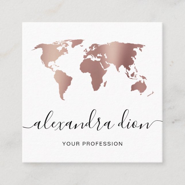 Tarjeta De Visita Cuadrada Elegante mapa moderno y minimalista del mundo blan (Anverso)
