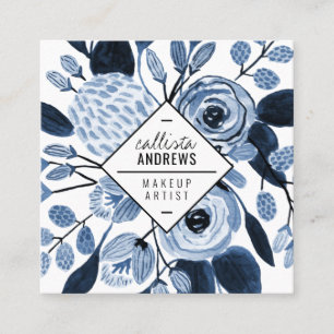 Tarjeta De Visita Cuadrada Elegante maquillaje de acuarela azul blanco de la