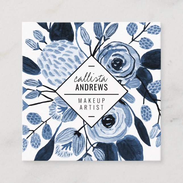 Tarjeta De Visita Cuadrada Elegante maquillaje de acuarela azul blanco de la  (Anverso)