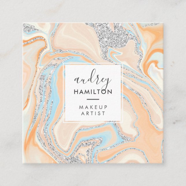 Tarjeta De Visita Cuadrada Elegante maquillaje purpurina de mármol azul meloc (Anverso)