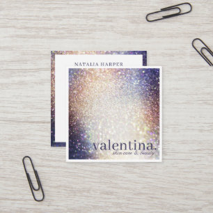 Tarjeta De Visita Cuadrada Elegante maquillaje violeta y Purpurina de champán