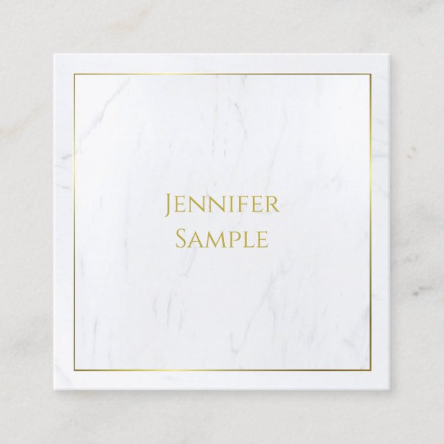 Tarjeta De Visita Cuadrada Elegante Marble Blanco Gold Textos Moderno Lujoso (Anverso)