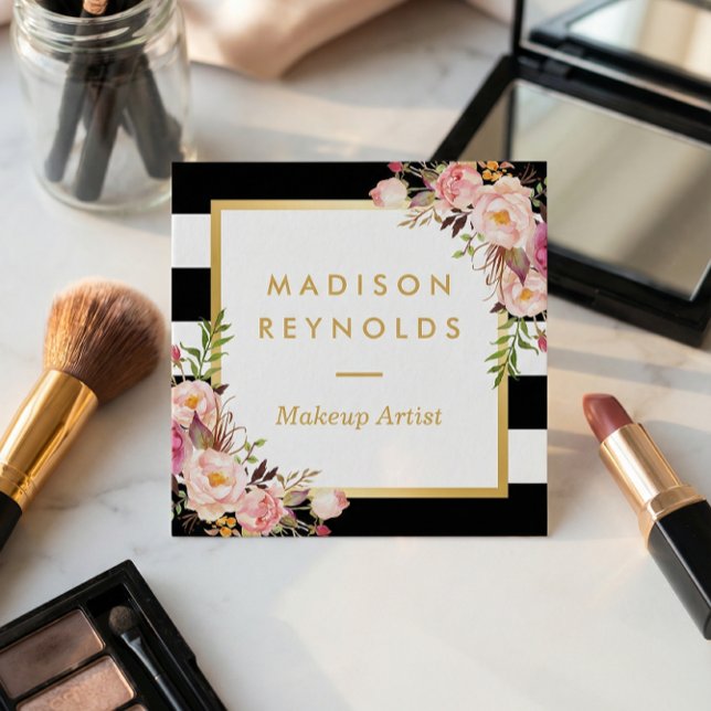 Tarjeta De Visita Cuadrada Elegante marco floral dorado franjas blancas negra (Subido por el creador)
