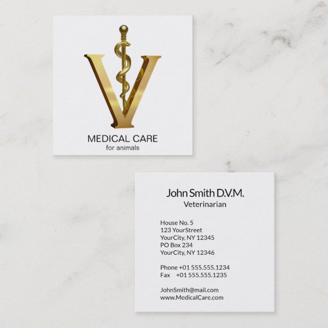 Tarjeta De Visita Cuadrada Elegante Medicina Veterinaria Asclepius Vet Gold V (Anverso / Reverso)