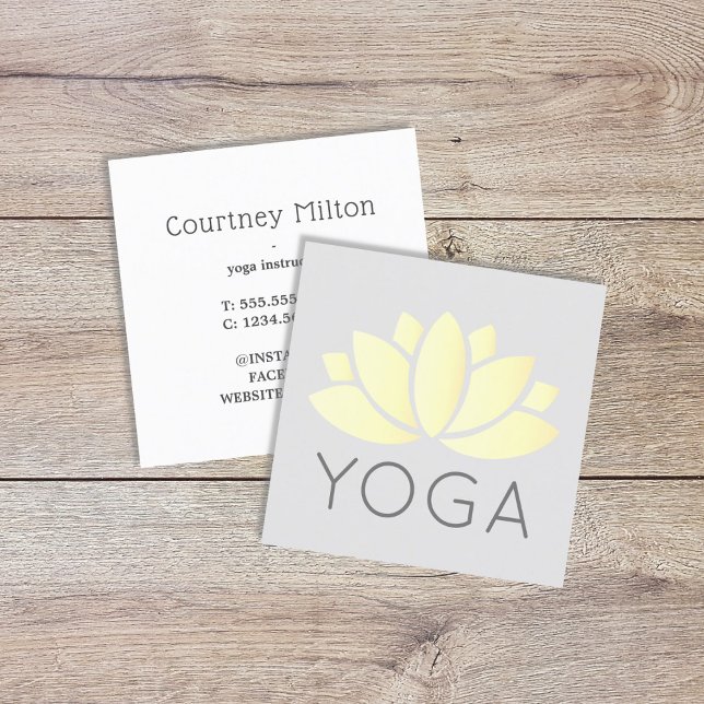 Tarjeta De Visita Cuadrada Elegante minimo Ícono de Lotus amarillo Gris Yoga (Subido por el creador)