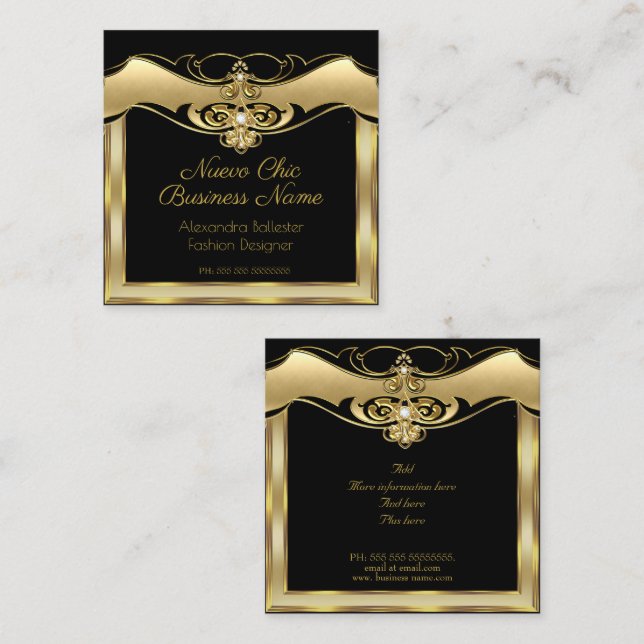 Tarjeta De Visita Cuadrada Elegante Moda Elegante Beige Oro Diamante Negro (Anverso / Reverso)