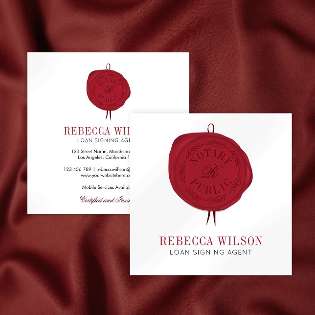 Tarjeta De Visita Cuadrada Elegante Moda moderna Rojo sello de Wax Notorio (Elegant loan signing agent business cards with red wax stamp effect and modern typography)