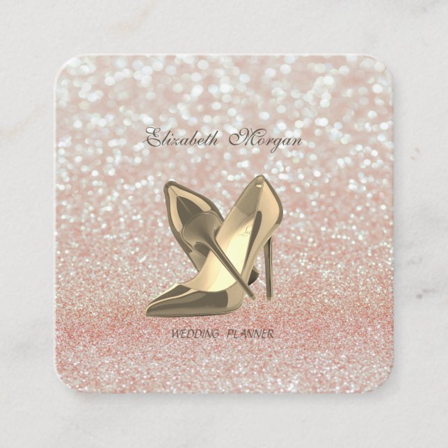 Tarjeta De Visita Cuadrada Elegante Moda Moderno Purpurinoso Bokeh-High Heels (Anverso)