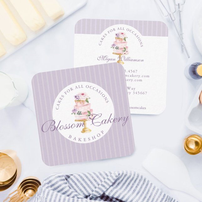 Tarjeta De Visita Cuadrada Elegante Moda Violeta Acuarela Floral Pastelería (Subido por el creador)