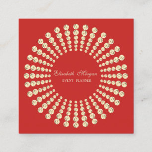 Tarjeta De Visita Cuadrada Elegante Moderno, Rojo, Diamantes Dorados