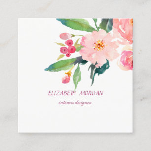 Tarjeta De Visita Cuadrada Elegante Moderno Romántico Floral Acuarela, Blanco