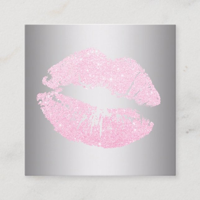 Tarjeta De Visita Cuadrada Elegante moderno rosa oro purpurina labios platead (Anverso)
