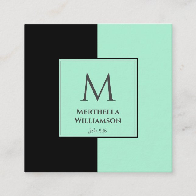Tarjeta De Visita Cuadrada Elegante MONOGRAM Neo Mint Black (Anverso)
