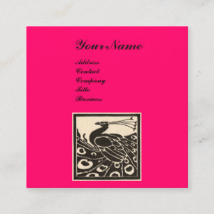 TARJETA DE VISITA CUADRADA ELEGANTE MONOGRAMA DE PAVO REAL NEGRO BLANCO ROSA 