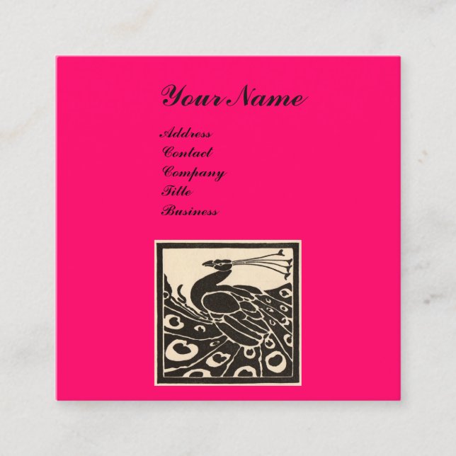 TARJETA DE VISITA CUADRADA ELEGANTE MONOGRAMA DE PAVO REAL NEGRO BLANCO ROSA  (Anverso)