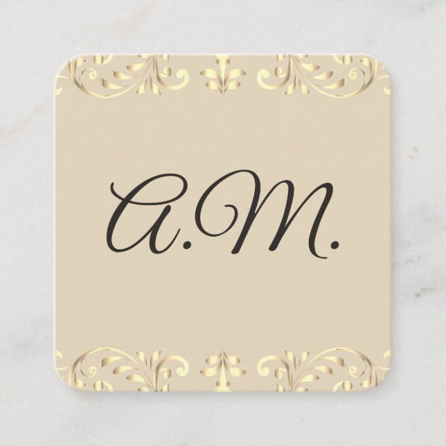 Tarjeta De Visita Cuadrada Elegante Monograma Dorado Floral (Anverso)