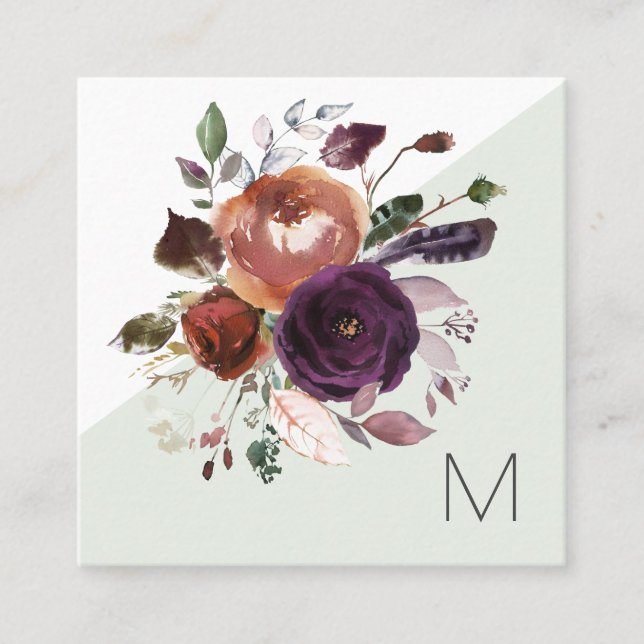 Tarjeta De Visita Cuadrada Elegante Monograma Floral Purple Gold Burgundy (Anverso)