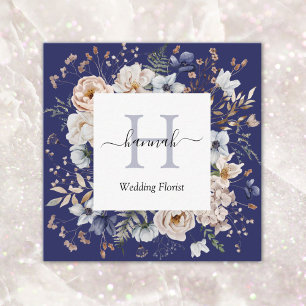 Tarjeta De Visita Cuadrada Elegante Monograma Hermosas Flores Beige Azul Flor