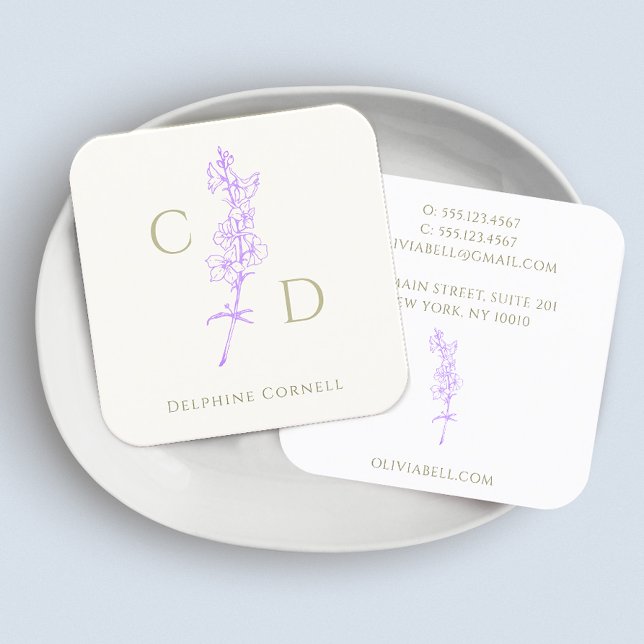 Tarjeta De Visita Cuadrada Elegante Monograma Lavanda Larkspur Floral (Subido por el creador)