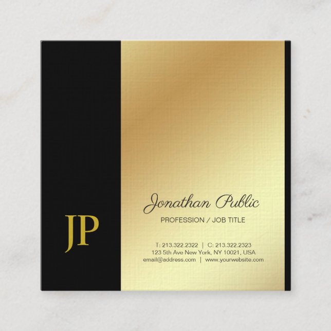 Tarjeta De Visita Cuadrada Elegante Monograma Lino Dorado Negro Lino de Lujo (Anverso)