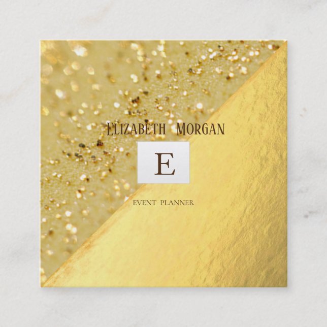 Tarjeta De Visita Cuadrada Elegante Monograma Moderno Oro,Bokeh Purpurina (Anverso)