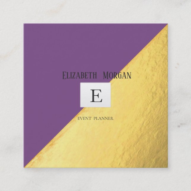 Tarjeta De Visita Cuadrada Elegante Monograma Moderno Oro,Violeta (Anverso)
