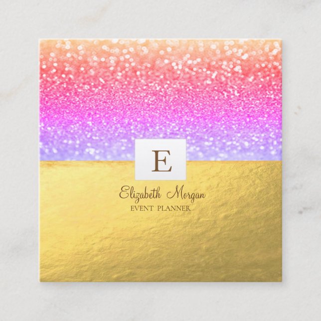 Tarjeta De Visita Cuadrada Elegante Monograma Moderno Purpurina de oro Violet