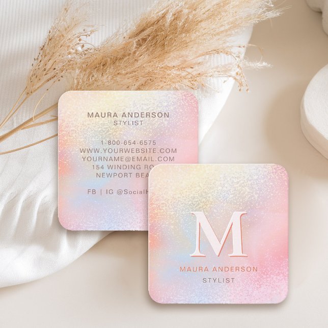 Tarjeta De Visita Cuadrada Elegante monograma moderno rosado de Rubor holográ (holographic business card square pink blush monogram hairdresser stylist artist lash nails makeup)