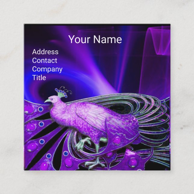 TARJETA DE VISITA CUADRADA ELEGANTE MONOGRAMA NEGRO AZUL PURPLE PEACOCK (Anverso)