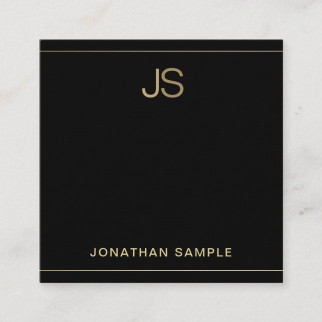 Tarjeta De Visita Cuadrada Elegante Monograma Negro Oro Lujo Premium Grueso (Anverso)