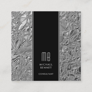 Tarjeta De Visita Cuadrada Elegante Monograma Negro Plata