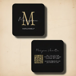 Tarjeta De Visita Cuadrada Elegante Monograma QR Negro Oro
