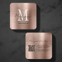 Tarjeta De Visita Cuadrada Elegante Monograma QR Rosa Beige