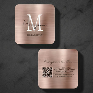 Tarjeta De Visita Cuadrada Elegante Monograma QR Rosa Beige