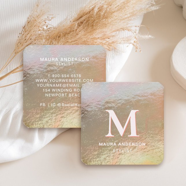 Tarjeta De Visita Cuadrada Elegante Monograma rosa Faux Faux Gold (holographic business card square crushed gold monogram hairdresser stylist artist lash nails makeup)