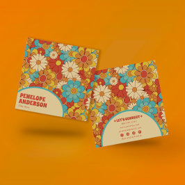 Tarjeta De Visita Cuadrada Elegante Naranja simple azul retro groovy floral