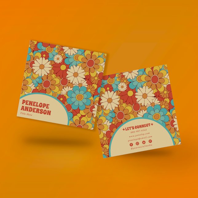 Tarjeta De Visita Cuadrada Elegante Naranja simple azul retro groovy floral (Subido por el creador)